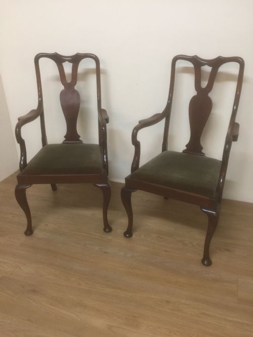 Pair of Edwardian Queen Anne Style Mahogany Carver Chairs