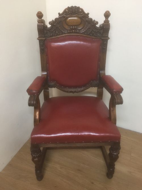 Victorian Carved Oak Armchair in Red Leather
