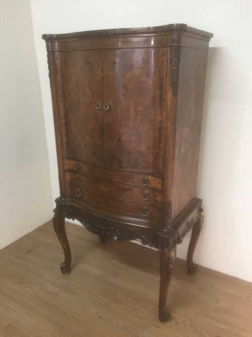Burr Walnut Serpentine Fronted Carved Cocktail Cabinet  -Superb Quality