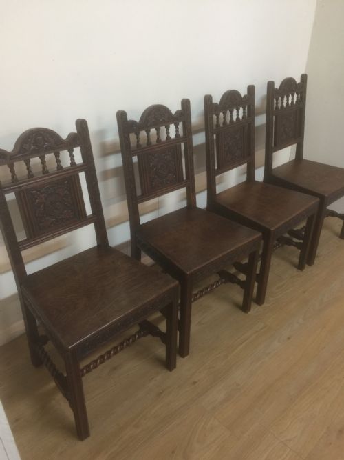 Four Hand Carved Edwardian Oak Chairs