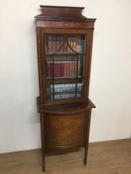 Edwardian Inlaid Mahogany Cabinet Over Cupboard on Tapered Feet