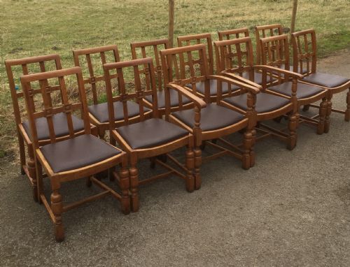 Set of 12 Arts and Crafts Golden Oak Dining Chairs