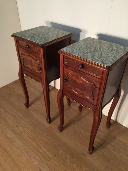 Pair of French Walnut Marble Topped Bedside Cabinets Circa 1920