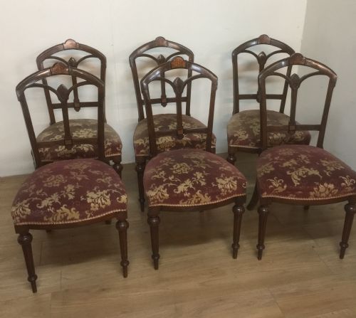 Antique Nineteenth Century Six Inlaid Walnut Dining Chairs