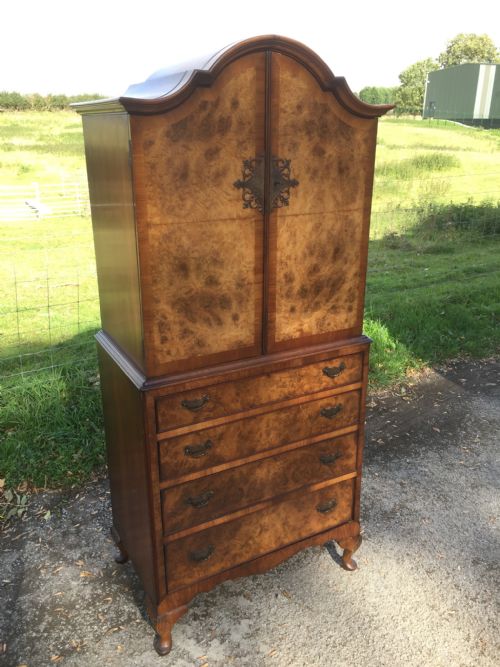 Burr Walnut Dome Topped Cupboard Over Drawers Circa 1920 of Small Proportions