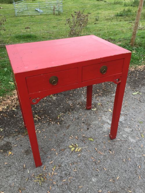 Antique Red Chinese Lacquer Two Drawer Table Circa 1920