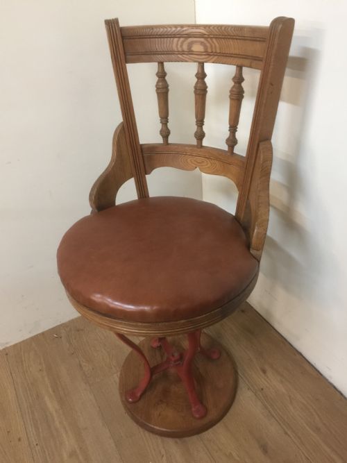 Edwardian Golden Oak Revolving Office Chair with Leather Seat