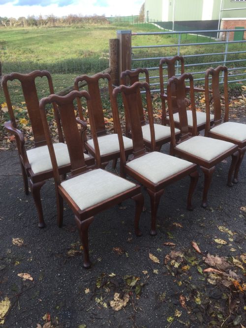 Eight Edwardian Solid Oak Queen Anne Style Dining Chairs