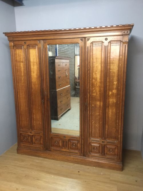Nineteenth Century Golden Oak Triple Wardrobe Circa 1880