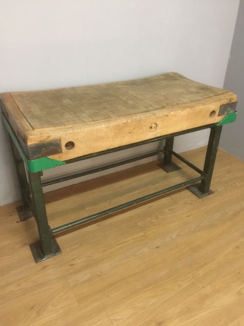 Original Beech Butchers Block on an Iron Stand Circa 1920