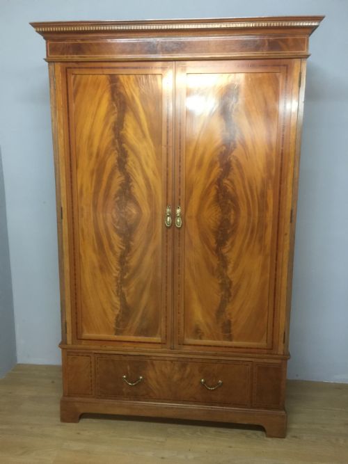 Edwardian Flame Mahogany Inlaid Double Wardrobe