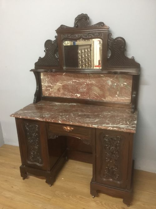 Art Nouveau Carved Mahogany Marble Topped Washstand Circa 1900