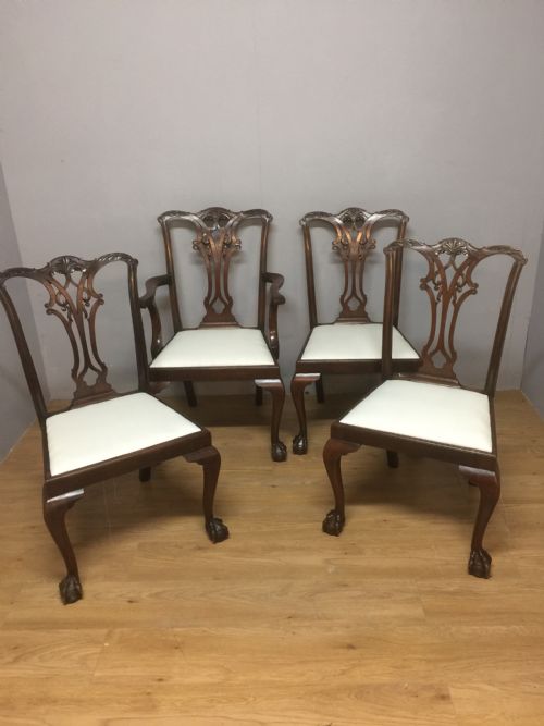 Four Edwardian Solid Mahogany Chippendale Style Dining Chairs