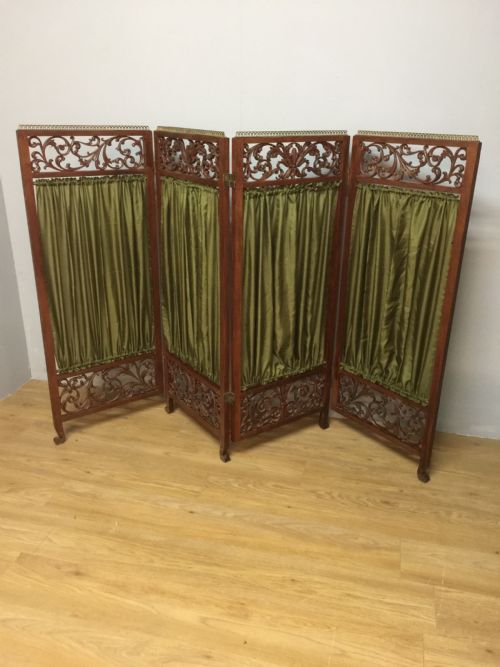 Late Nineteenth Century Four Panel Screen with Scrolling Panels and Brass Gallery