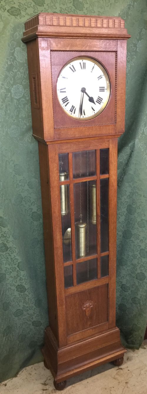 Art Deco Golden Oak Three Weight Westminster Chime Longcase Clock 
