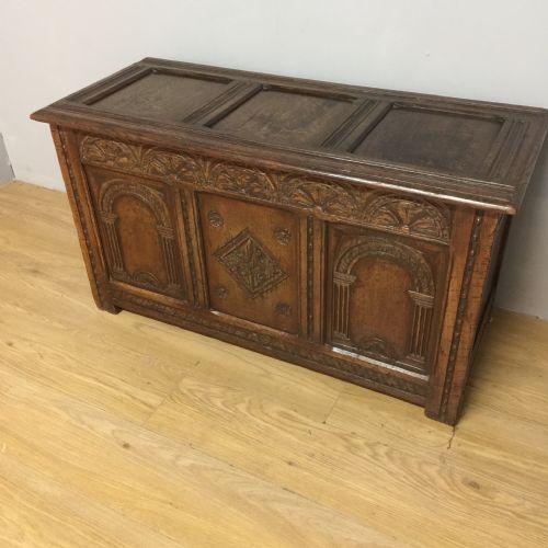 Carved and Panelled Oak Coffer Great Colour