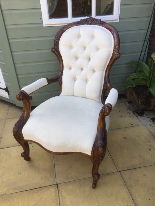 Nineteenth Century Walnut Open Armchair in Cream Velvet