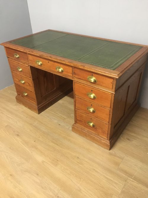 Nineteenth Century Pitch Pine Twin Pedestal Desk Tooled Leather Top