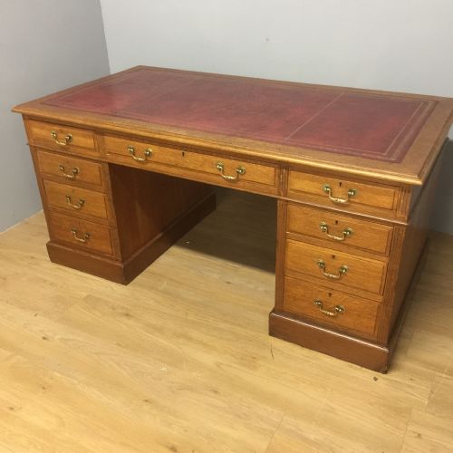 Edwardian Light Oak Twin Pedestal Desk with Tooled Red Leather Top