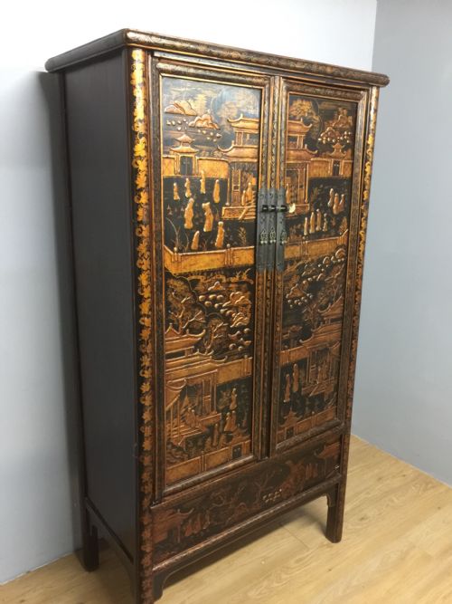 Chinese Black Lacquer and Gilded Wedding Cabinet Circa 1920