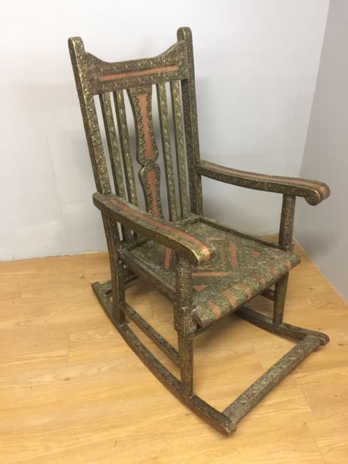 Anglo Indian Brass and Copper Decorated Rocking Chair