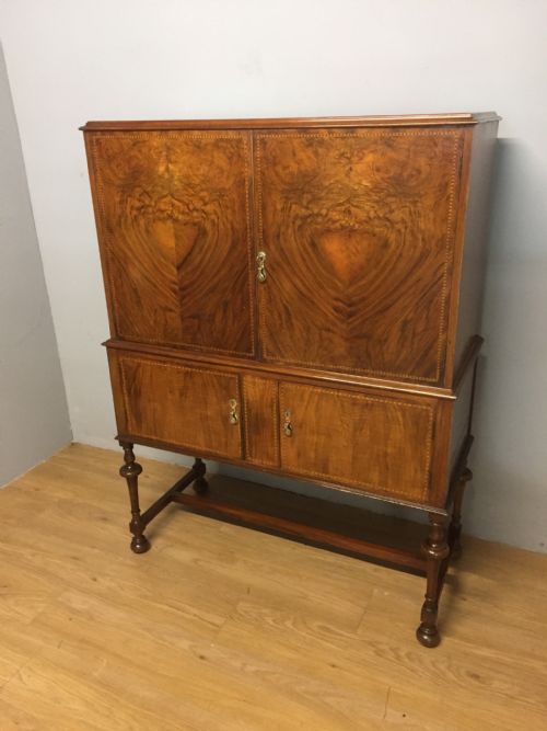 Inlaid Burr Walnut Side Cabinet on Turned Supports Circa 1920