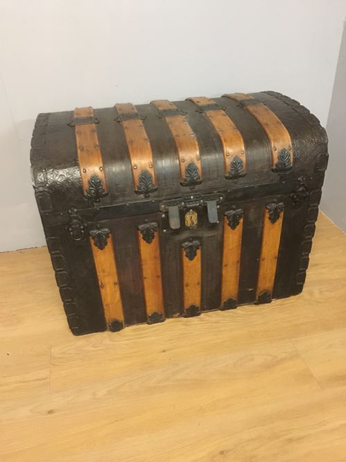 Nineteenth Century Dome Topped Wood Leather and Iron Bound Trunk
