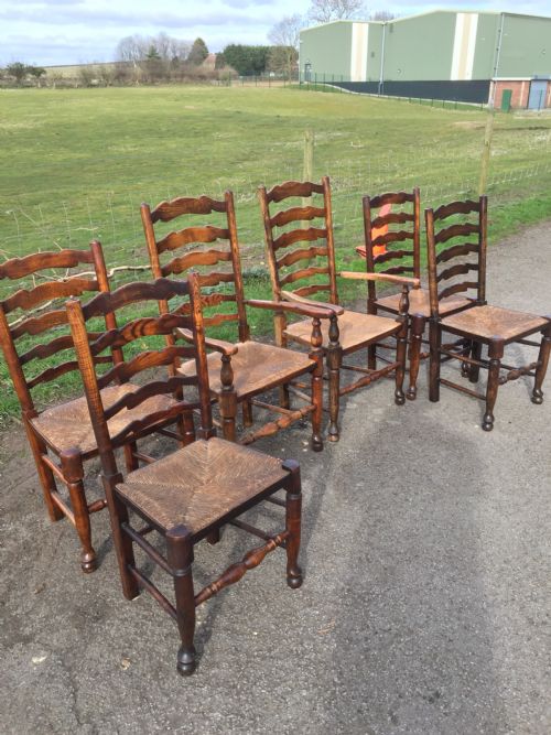 Set of Six Ladder Back Rush Seated Country Chairs