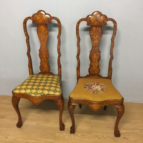 Pair of Nineteenth Century Dutch Marquetry Walnut  Queen Anne Style Chairs