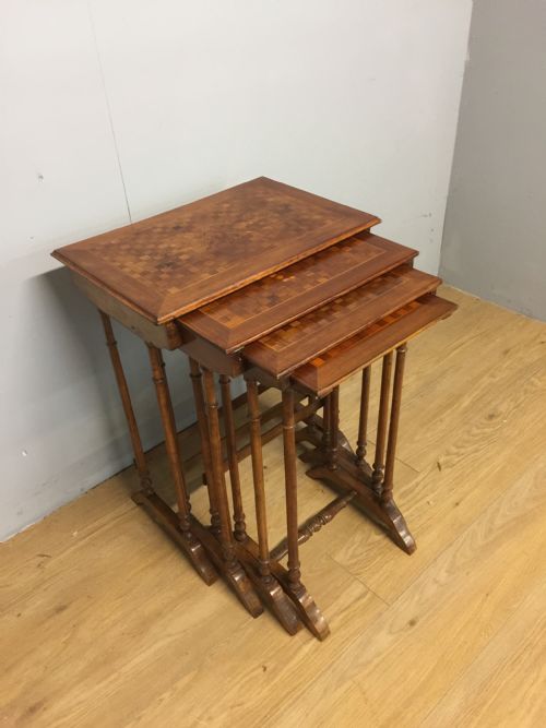 Edwardian Quartetto of Walnut Tables with Marquetry and Parquetry Tops