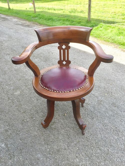 Nineteenth Century Inlaid Mahogany Revolving Desk Chair -Red Leather