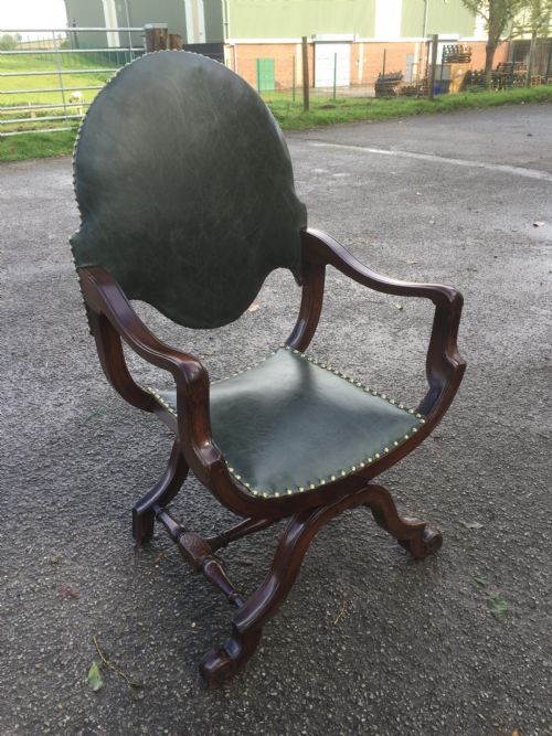 NINETEENTH CENTURY WALNUT X FRAMED CHAIR IN GREEN LEATHER - ADDITIONAL PHOTO 2