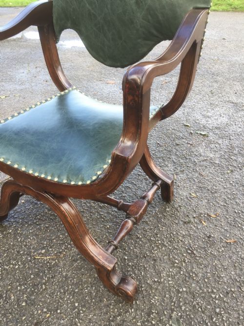 NINETEENTH CENTURY WALNUT X FRAMED CHAIR IN GREEN LEATHER - ADDITIONAL PHOTO 4