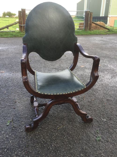 NINETEENTH CENTURY WALNUT X FRAMED CHAIR IN GREEN LEATHER - ADDITIONAL PHOTO 5