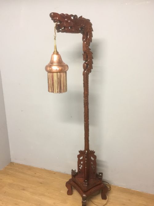 Chinese Carved Hardwood Dragon Standard Lamp