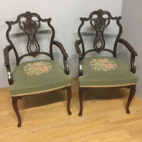 Pair of Edwardian Carved Mahogany Armchairs