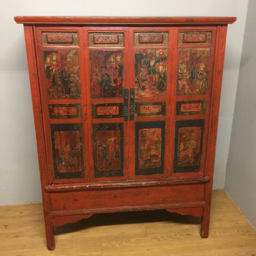 Chinese Red Lacquer Wedding Cabinet Circa 1920
