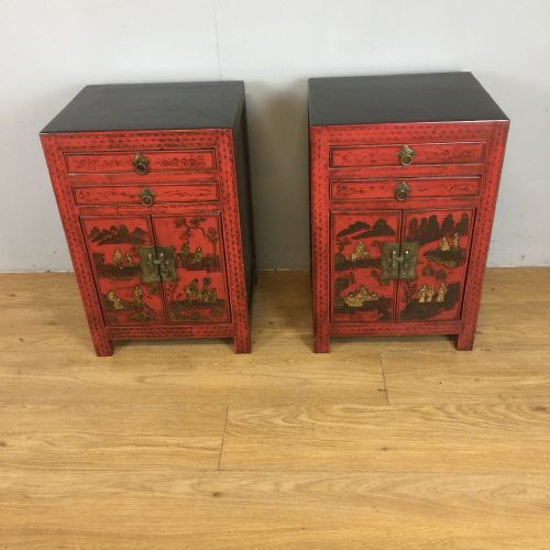 Pair of Chinoiserie Red Lacquer Bedside Cabinets Circa 1920