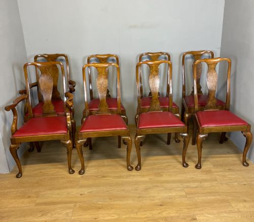 Set of Eight Burr Walnut Queen Anne Style Dining Chairs by Maple and Co