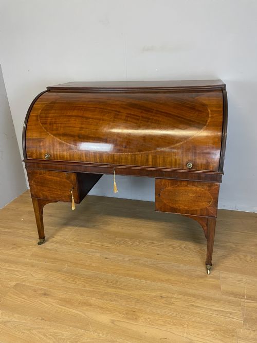 George III Mahogany and Satinwood Cylinder Desk