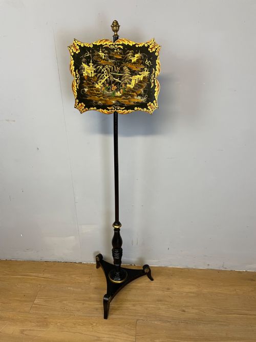 Regency Ebonised Chinoiserie and Parcel Gilt Pole Screen