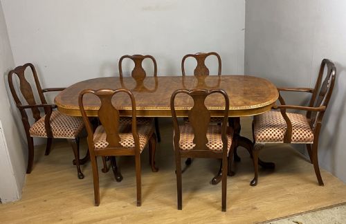 Burr Walnut Epstein Style Extending Dining Table and Six Chairs Circa 1930