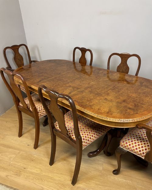 fig 1. Burr walnut Epstein style extending dining table and six chairs circa 1930