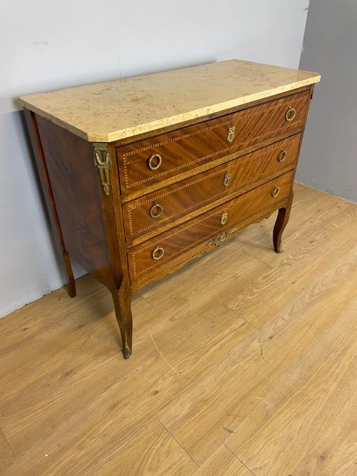 Inlaid Walnut Louis  XVI Three Drawer Commode with Marble Top 
