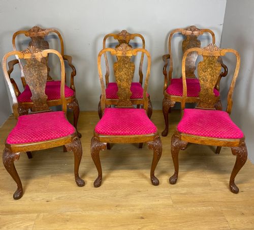 Set of 6 Queen Anne Style Burr Walnut Dining Chairs