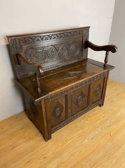 Nineteenth Century Carved Oak Box Settle