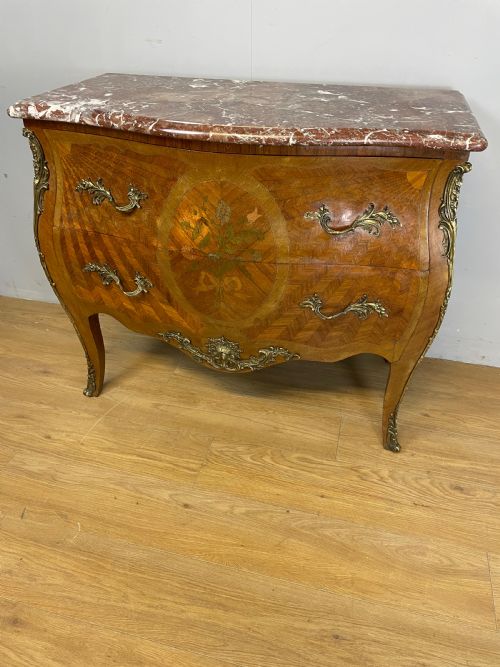 French Inlaid Ormolu Mounted Bombe Chest with Marble Top
