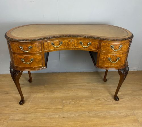 Burr Walnut Kidney Shaped Desk with Inset Leather Top