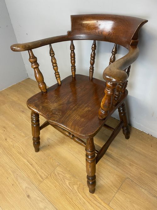 C19th Ash and Elm Smokers Bow Windsor Chair with Double H Under Stretcher