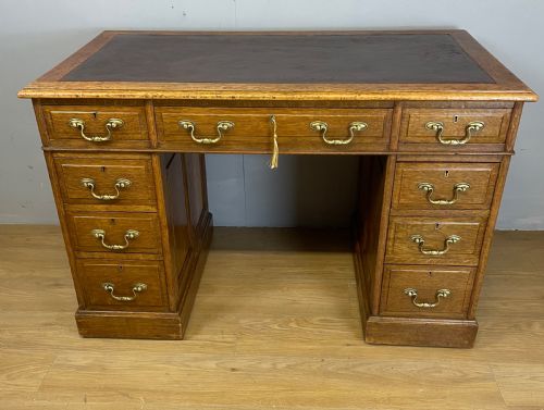 Edwardian Solid Oak Twin Pedestal Desk with Inset Leather Top